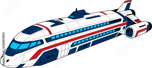 Futuristic white and red bullet train spaceship, sci-fi cartoon vector illustration isolated on white background, side view