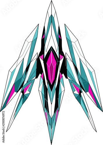 Futuristic teal and white crystal ship spaceship, sci-fi cartoon vector illustration isolated on white background, top view