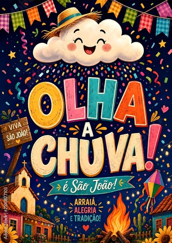 Festive Brazilian June Festival Poster with Rain Cloud and Colorful Flags