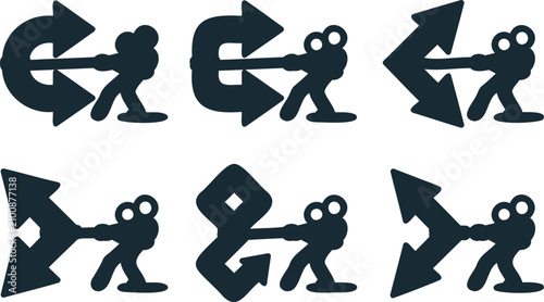 фотографія Set of people pushing various arrow symbols in different directions with effort