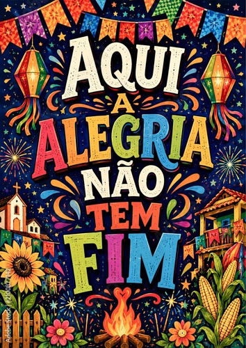Colorful Brazilian Folk Festival Poster with Bonfire and Party Decorations