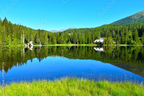 View of Prebersee lake with grass at the shore and a conifer forest with huts at the far side and a reflection in the water in Lungau, Niedere Tauern, Austria