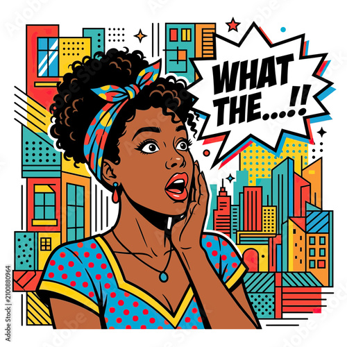Woman Reacts with Surprise in Comic Book Style Cityscape