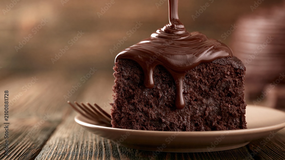 Obraz premium Decadent Slice of Rich Chocolate Cake with Glossy Fudge Icing Drizzled and Dripping