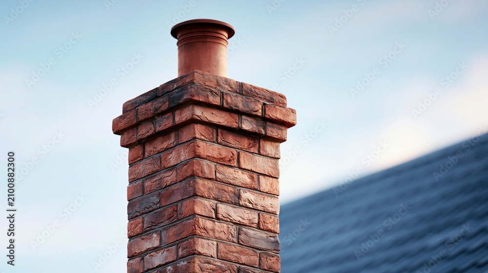 Obraz premium Close-up of a traditional brick chimney with clay pot, set against a clear blue sky and rooftop.