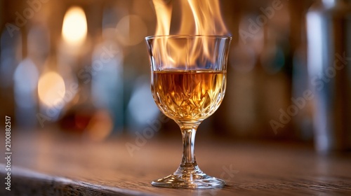 Flaming Brandy Cocktail Being Prepared on a Bar Counter with Soft Bokeh Background