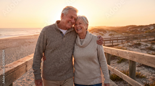 Happy senior couple walking on beach boardwalk sunset