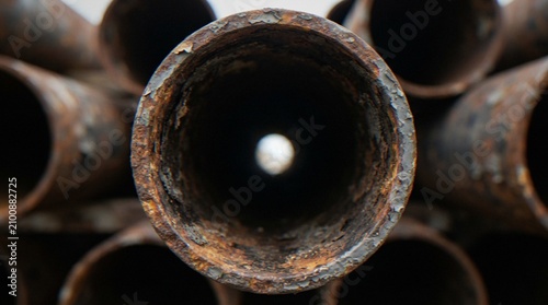 A close-up, front-facing view looking through a stack of circular, heavily rusted industrial metal pipes, creating a tunnel-like perspective.