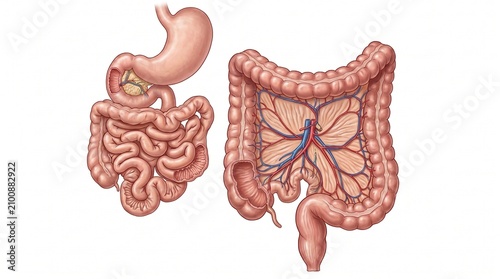 Human Digestive System Illustration, Stomach Small Intestine and Colon Anatomy