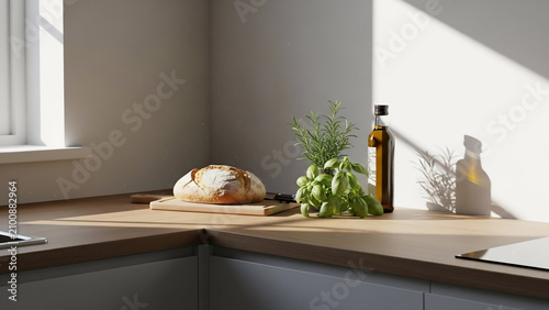 Fresh Bread and Herbs on Modern Kitchen Countertop