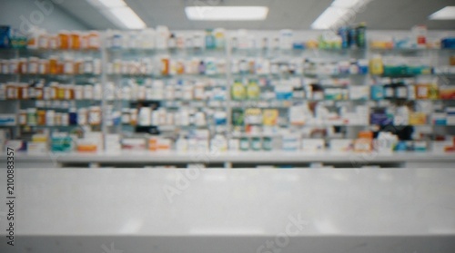 Cuadro en lienzo An out-of-focus pharmacy counter with blurred shelves full of medication bottles and products in the background