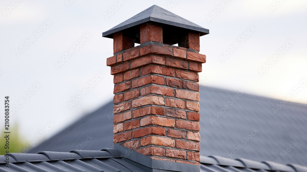 Obraz premium Classic Brick Chimney on a Modern Roof with Metal Shingles Under a Cloudy Sky