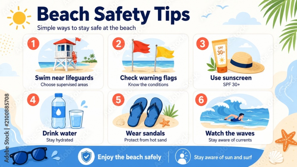 Obraz premium Beach safety tips infographic showing six important rules for summer vacation. Illustration with icons of lifeguard, warning flag, sunscreen, water, sandals and swimmer in ocean