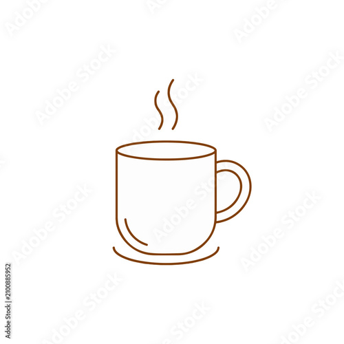 Minimalist flat vector line art icon of a hot coffee mug with steam, isolated on a white background.