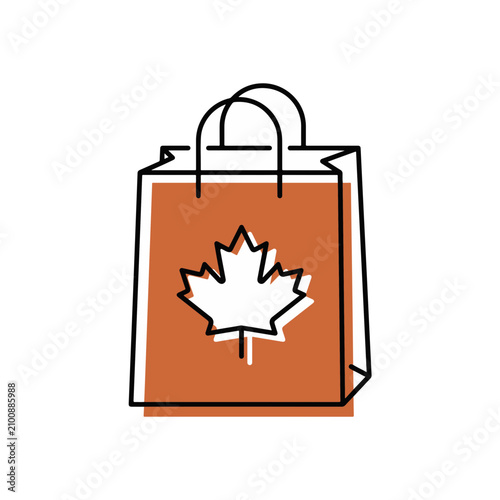 Minimalist flat vector icon of a paper shopping bag decorated with a maple leaf, featuring an offset orange color fill, isolated on a white background.