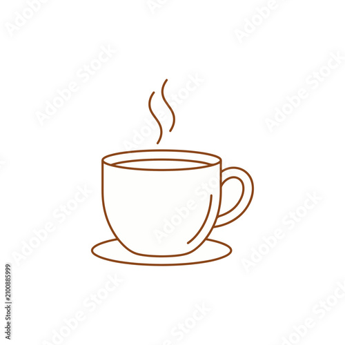 Simple minimalist vector line art icon of a rounded hot coffee cup with steam on a saucer, isolated on a white background.