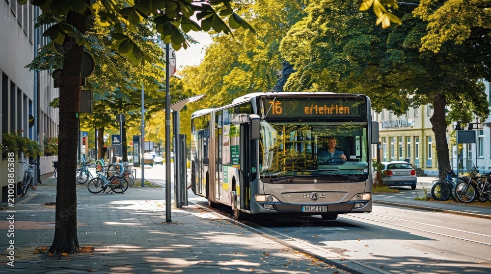 Obraz premium Modern Urban Bus Driving on City Street Lined with Trees on a Sunny Day