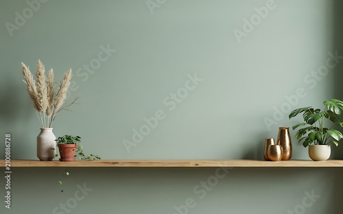 Wooden shelf mounted on a sage green wall featuring a vase with dried pampas grass, a small potted plant, and two gold decorative metal vases