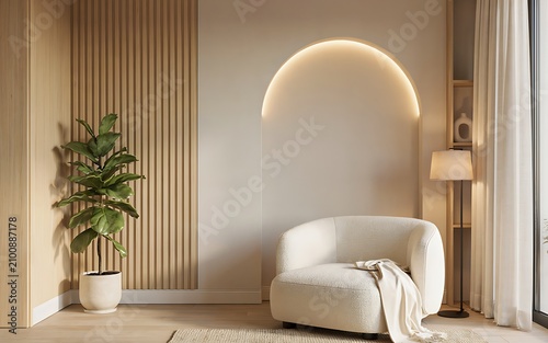 Cozy living room corner with a comfortable cream armchair, wooden slat wall paneling, a tall green plant, and warm ambient arched wall lighting