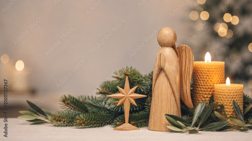 Obraz premium Wooden angel figurine with star decoration and burning beeswax candles amidst pine branches. Religious Christmas composition for holiday celebration and peaceful home interior decor spirit, copy space
