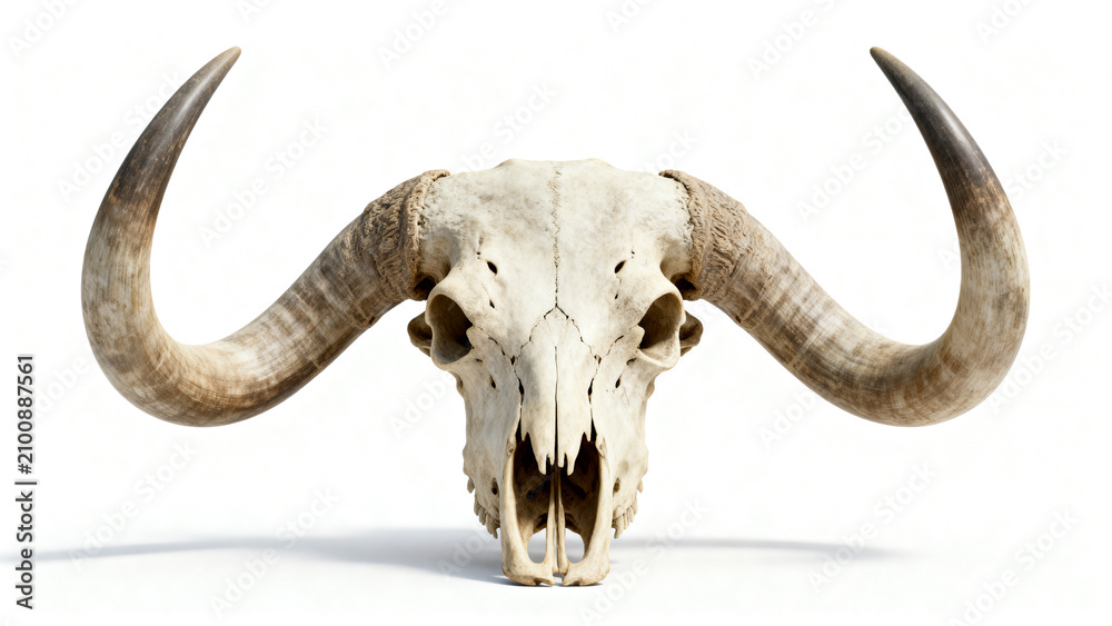 Fototapeta premium Highly detailed bovine skull with large curved horns, isolated on a pure white background