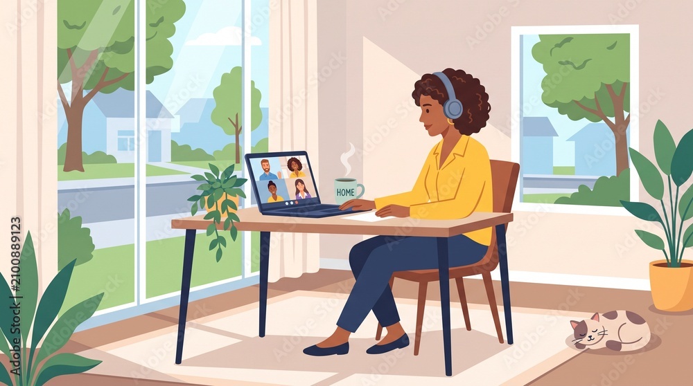 Fototapeta premium Woman Working from Home on Laptop Video Call in Cozy Home Office