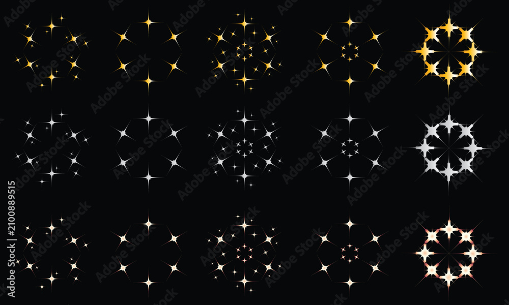 Fototapeta premium Set of sparkling gold and silver stars light effects for festive holiday celebration