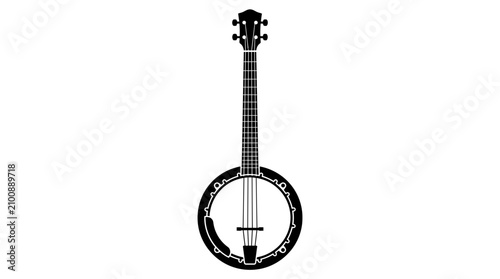 Black and white silhouette illustration of a classic four string banjo musical instrument.