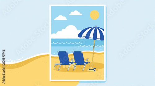 Flat vector illustration of two blue folding beach chairs under a striped umbrella on a sunny day at the seaside with soft clouds