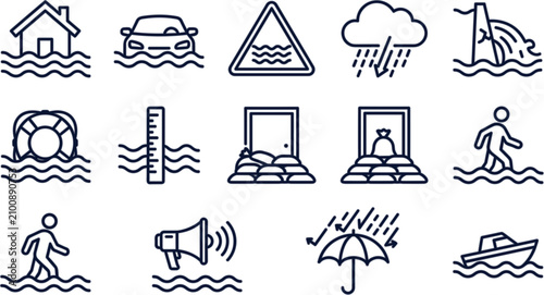 Bild auf Leinwand Flood and natural disaster vector icon set featuring flooded house car water lev