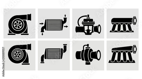Set of black automotive engine parts and car performance icons.
