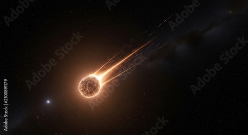 A massive comet shoots through the dark space with glowing tail