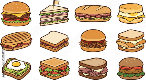 Canvastavla Sandwich and burger vector illustration set featuring cheeseburger club sandwich