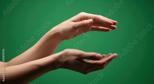 Two hands are gently cupped and raised against a green background.