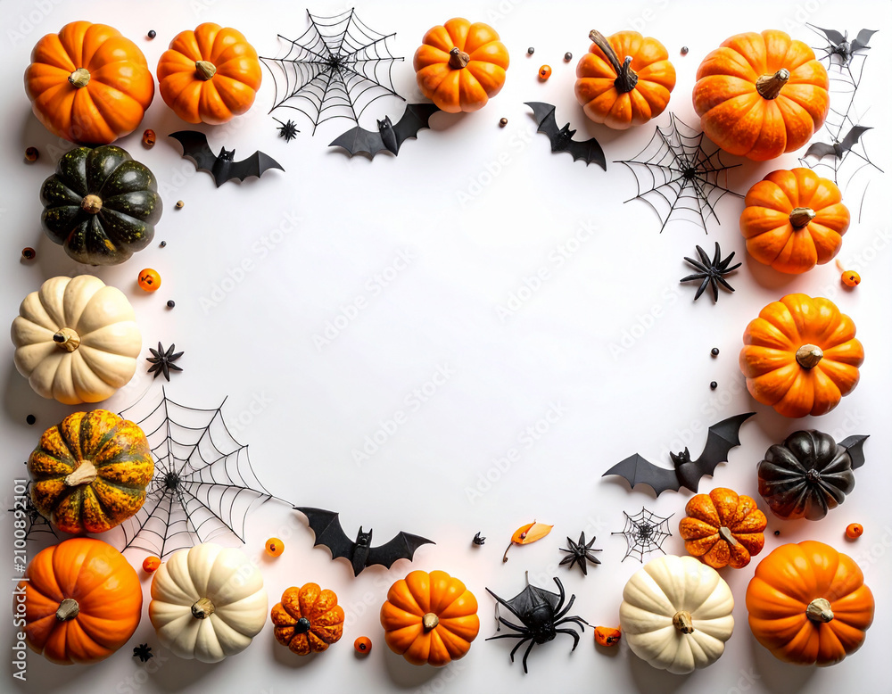 Obraz premium 白い背景に配置されたハロウィンのカボチャとコウモリとクモのフレーム素材/Halloween frame with orange pumpkins, black bats and spider webs.