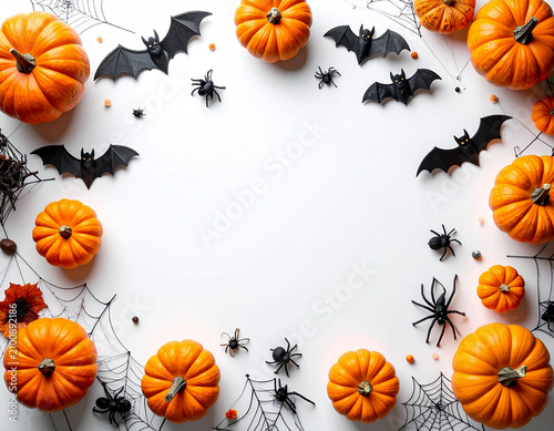 白い背景に配置されたハロウィンのカボチャとコウモリとクモのフレーム素材/Halloween frame with orange pumpkins, black bats and spider webs.