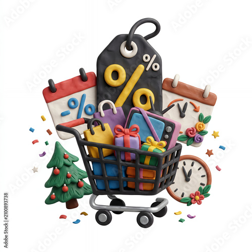 Shopping cart filled with gifts and discount tags