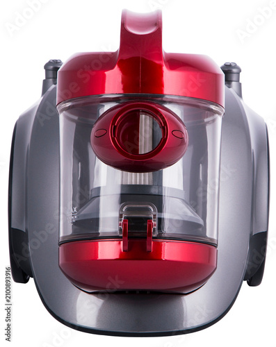 Modern red and grey canister vacuum cleaner with cyclone dust container isolated on transparent background, PNG template