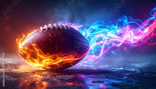 American football with fiery and electric energy emanates from the ball. Intense flames engulf one side, while vibrant neon energy trails from the other, creating a dynamic and powerful visual