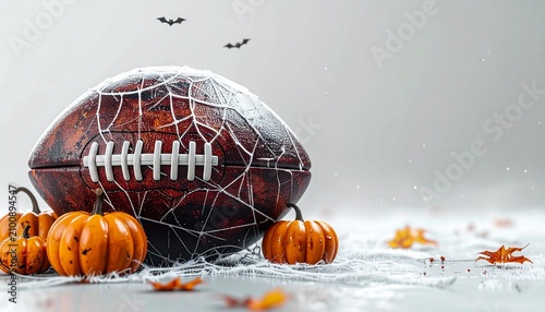 A football adorned with spiderwebs sits among pumpkins and autumn leaves, with bats flying overhead, creating a spooky Halloween sports theme
