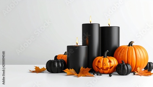 Halloween decoration with black candles and pumpkins, featuring autumn leaves
