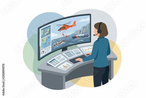 Female Dispatcher Monitoring Emergency Maritime Rescue Operation