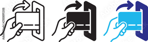 Photos Hand inserting credit card into reader machine icon set, payment transaction con