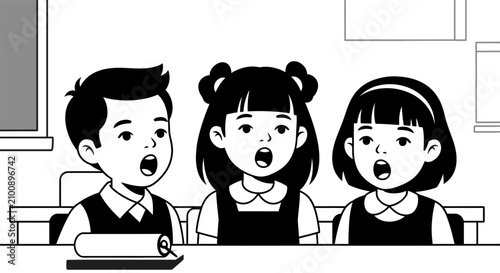 Foto Line art illustration of three students sitting at a desk in a classroom, singing together or reciting a lesson aloud