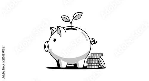Black and white illustration of a piggy bank with a small plant growing out of it, next to a stack of coins, symbolizing financial growth and saving investment.