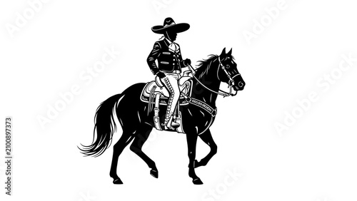 Minimalist black and white silhouette of a Mexican charro riding a horse. Traditional western equestrian design, perfect for cultural and travel themes.
