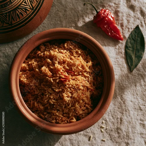Obraz Jollof rice flat lay with scattered scotch bonnet pepper on linen