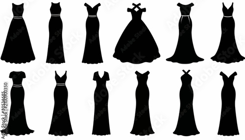 Konstfotografi Evening gowns are presented as a set of black silhouettes showcasing various formal dress styles