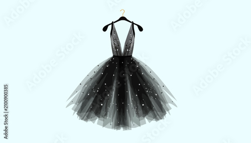Foto Evening dress featuring a deep neckline and layered tulle skirt hangs elegantly on a simple black hanger
