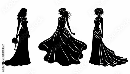 Εκτύπωση καμβά Bridesmaids appear in three elegant black silhouettes wearing formal gowns while holding a floral bouquet